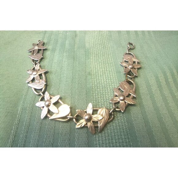 Vintage 1970s Sterling Silver Flower Leaf Bracelet 7” 15g Nature Motif Medium - Picture 7 of 8
